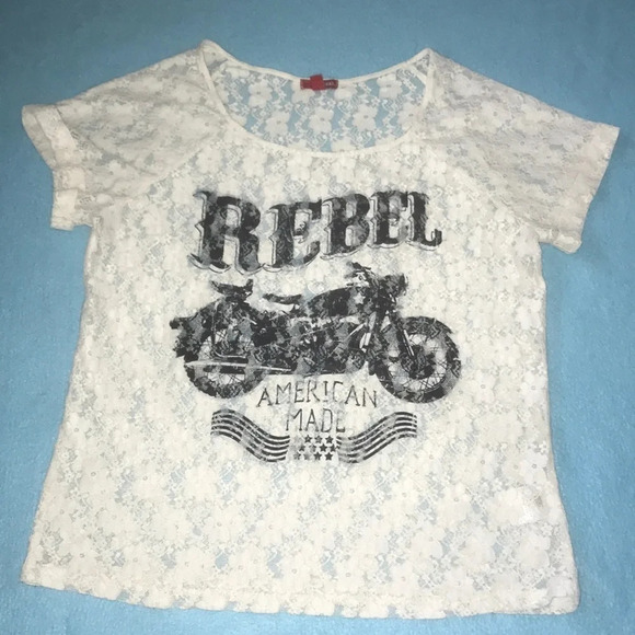BONGO lace sheer top “Rebel American Made” motorcycle short cuffed sleeve size M - Picture 1 of 8